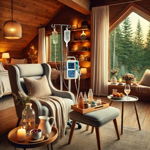 DALL·E 2025-03-06 23.08.49 - A luxurious vacation rental cabin setting with a cozy, spa-like atmosphere. A plush lounge chair with a guest relaxing while receiving IV hydration th